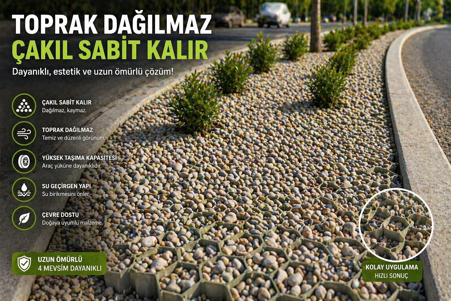 50x50x4 cm çim ve çakıl tutucu ızgaranın çakıl dolgulu gerçek peyzaj uygulaması